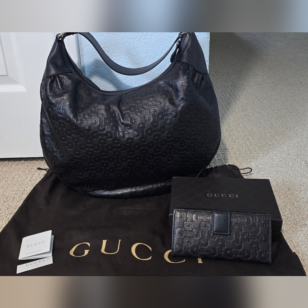 Authentic Gucci dark chocolate horsebit leather hobo and wallet set